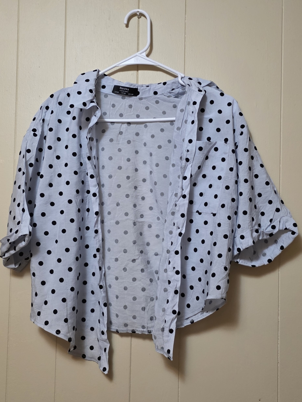 Bershka White Button-Down Shirt with Black Polka Dots